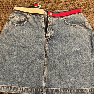 Tommy Hilfiger Light Blue Denim Midi Skirt with Red and Cream Waistband Trim